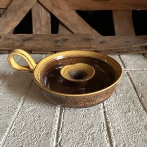 Handcrafted Studio Art Pottery Candle Holder with Finger Loop Gold Brown (49)